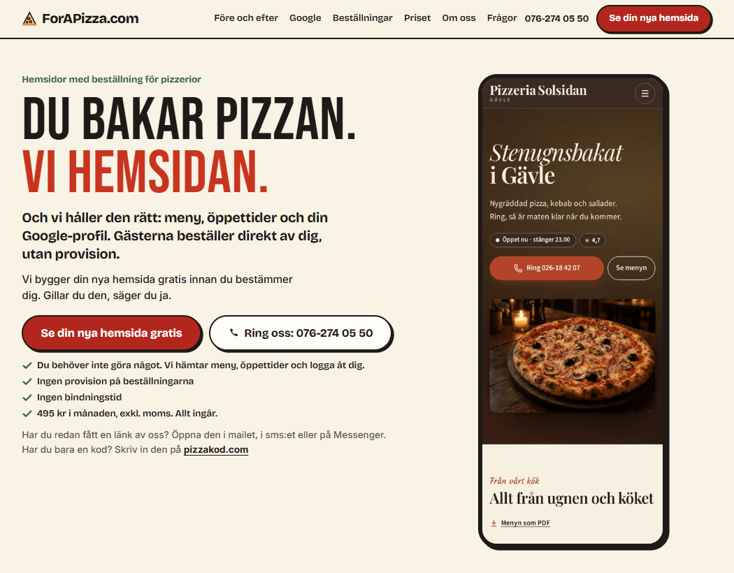 The ForAPizza.com home page: a headline for pizzerias next to an example pizzeria website on a phone.