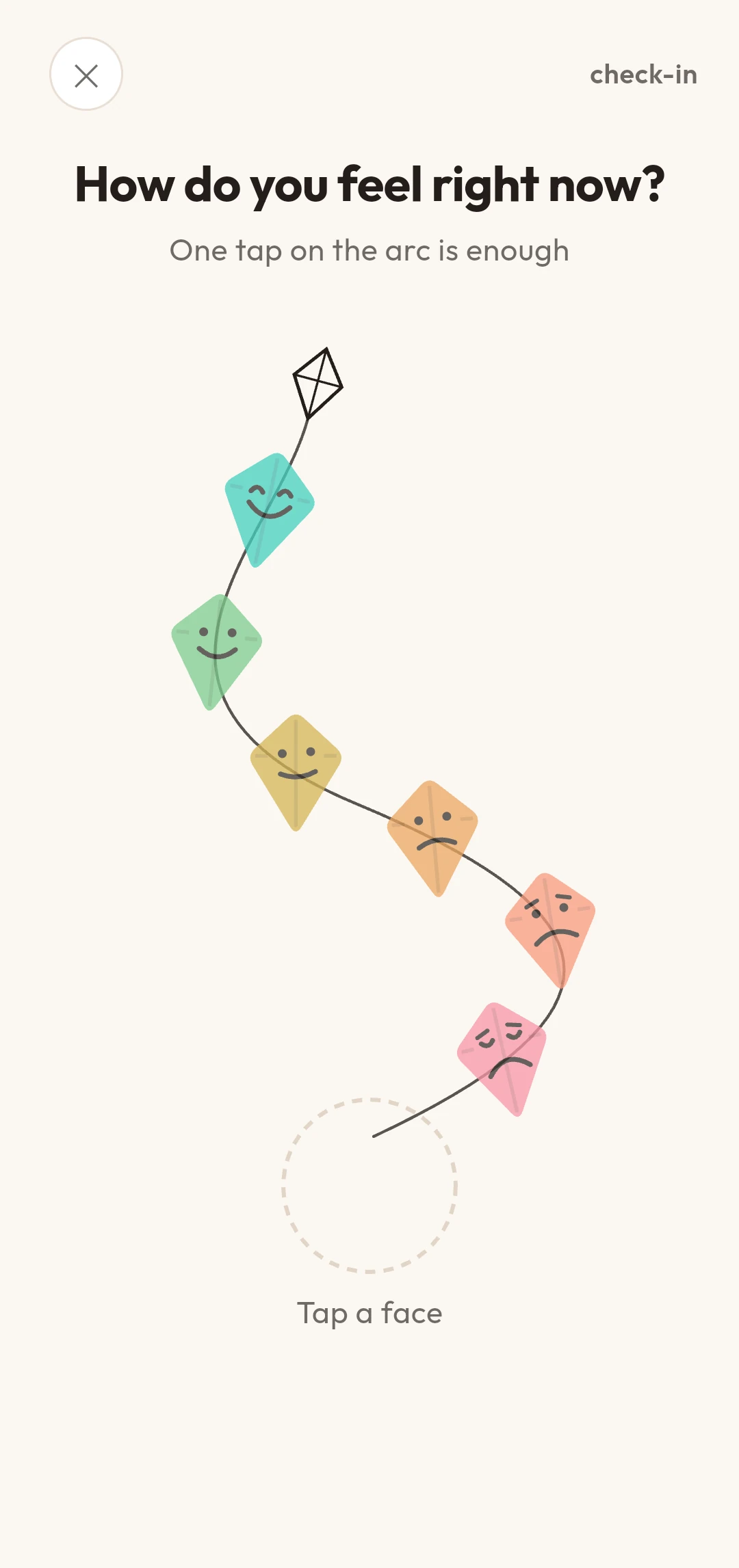 The MoodKite check-in screen: six mood faces hanging along a hand-drawn kite string.