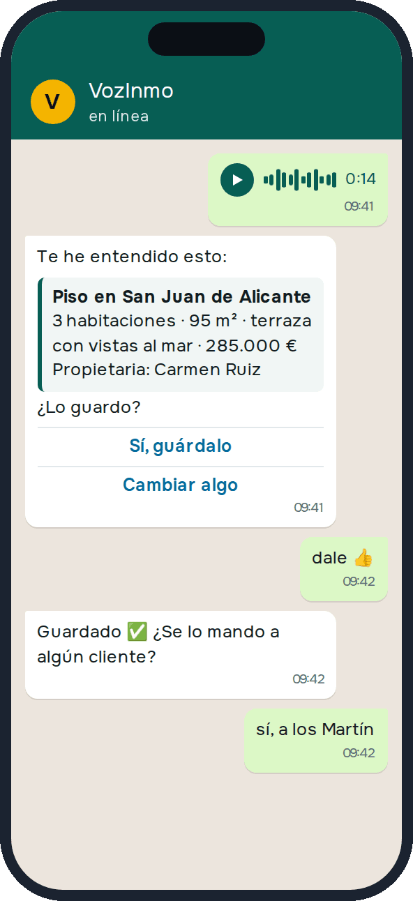 VozInmo in WhatsApp: an agent’s voice note turned into a property listing, with a question before it is saved.